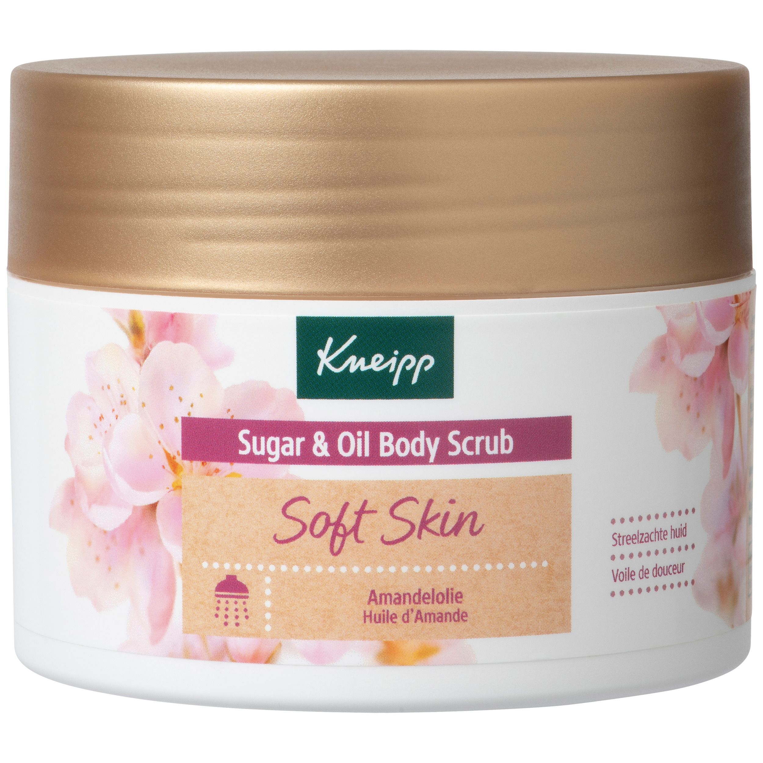 Pot blanc avec couvercle doré. Inscription Kneipp, Sugar & Oil Body Scrub, Soft Skin, Huile d'Amande. Motif floral.