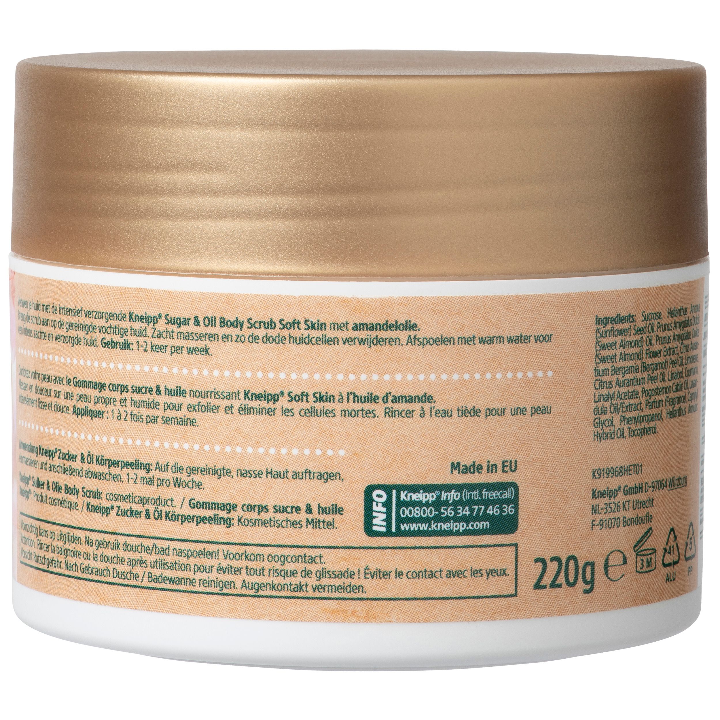 Dos du pot blanc avec couvercle doré. Texte, ingrédients, 220g, Fabriqué en UE, labels de qualité.