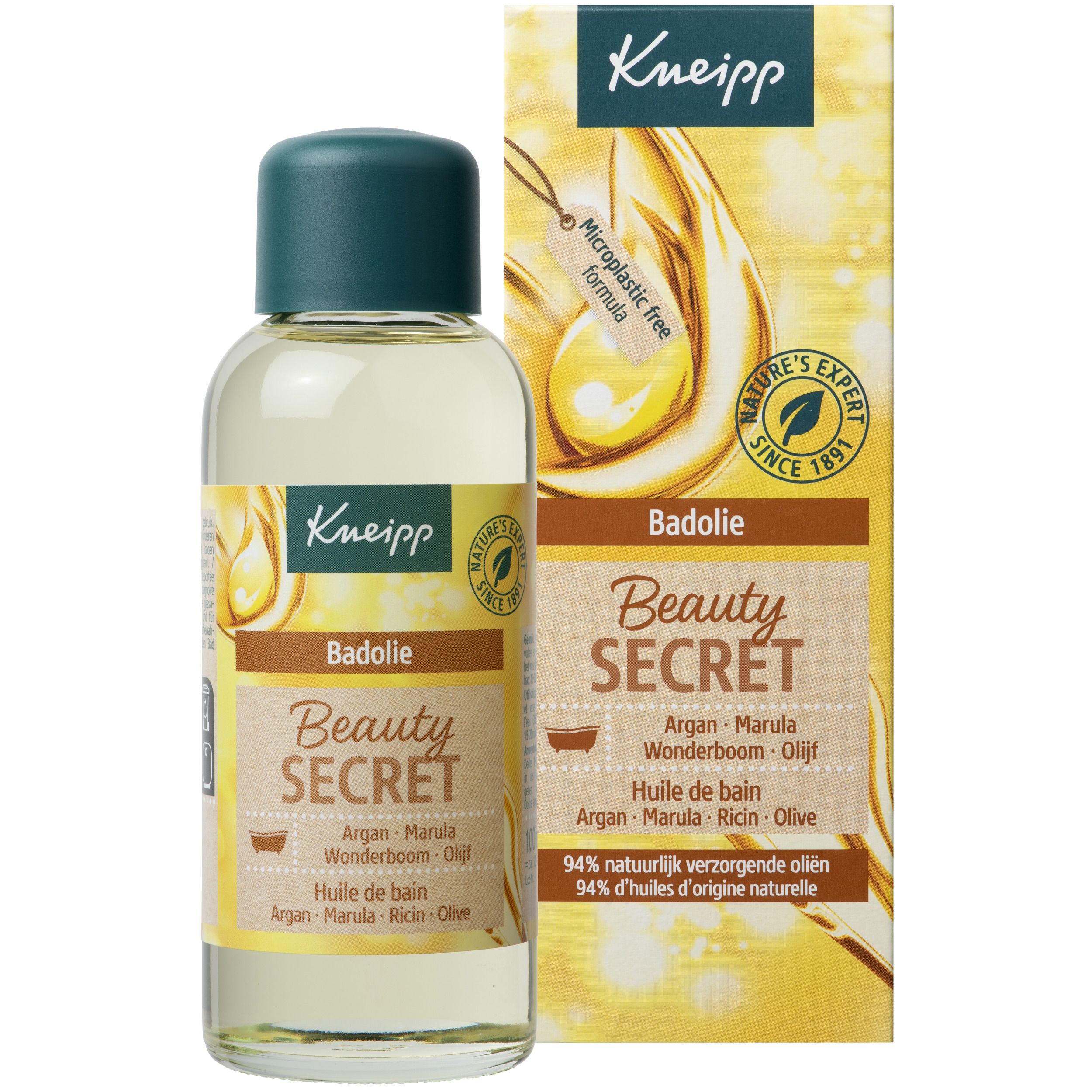 Flacon Kneipp Badeöl Beauty Secret. Huile de bain jaune. Boîte avec informations produit.