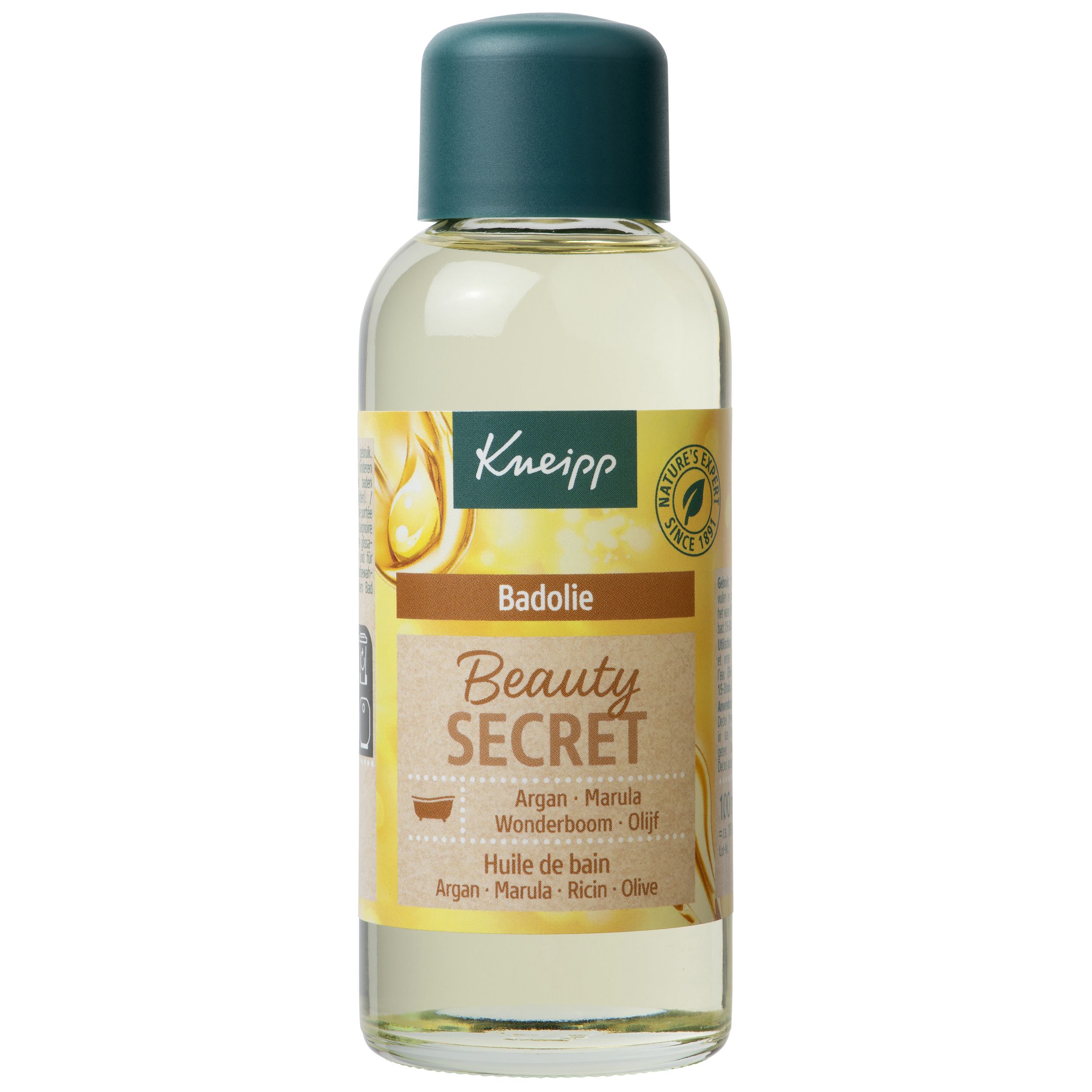 Flacon Kneipp Beauty Secret. Huile de bain jaune. Nom du produit sur le flacon.