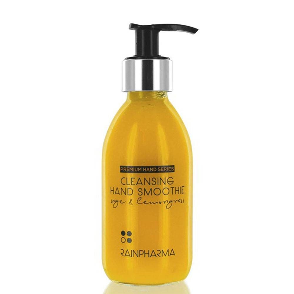 Gelbe Flasche mit schwarzem Pumpkopf. Aufschrift: Cleansing Hand Smoothie, Rainpharma.