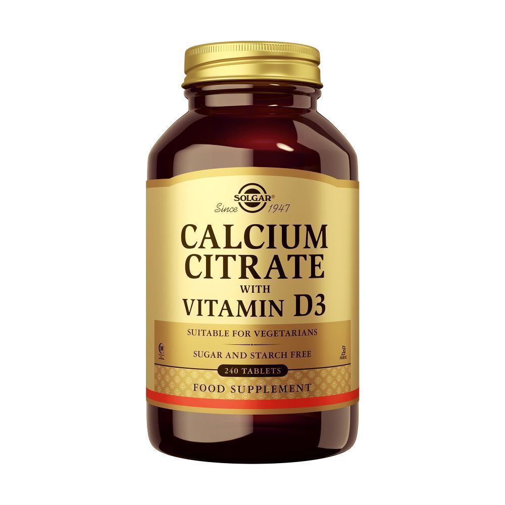 Flacon en verre brun Solgar Calcium Citrate avec vitamine D3. 240 comprimés. Vue de face.