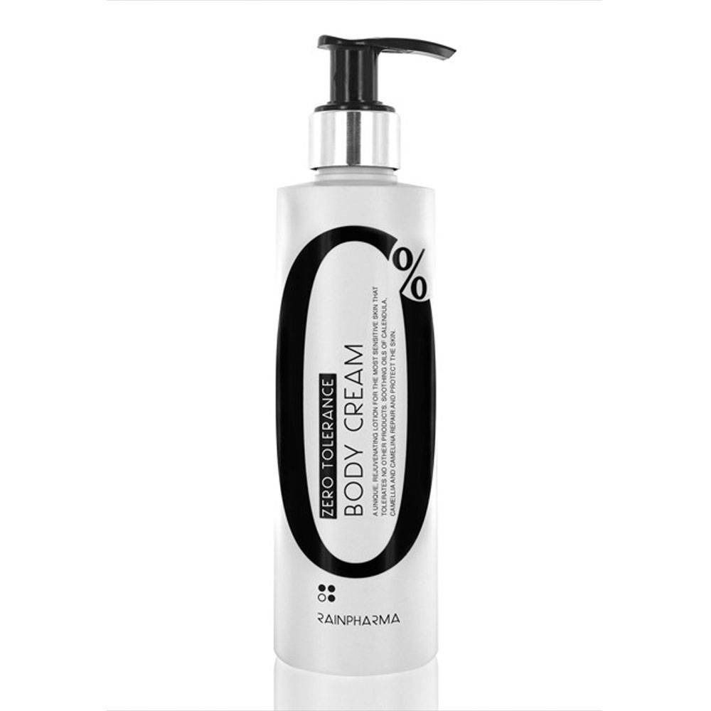 Flacon blanc avec pompe noire. Inscription : Zero Tolerance Body Cream. Marque : Rainpharma. Impression ovale noire avec 0%.