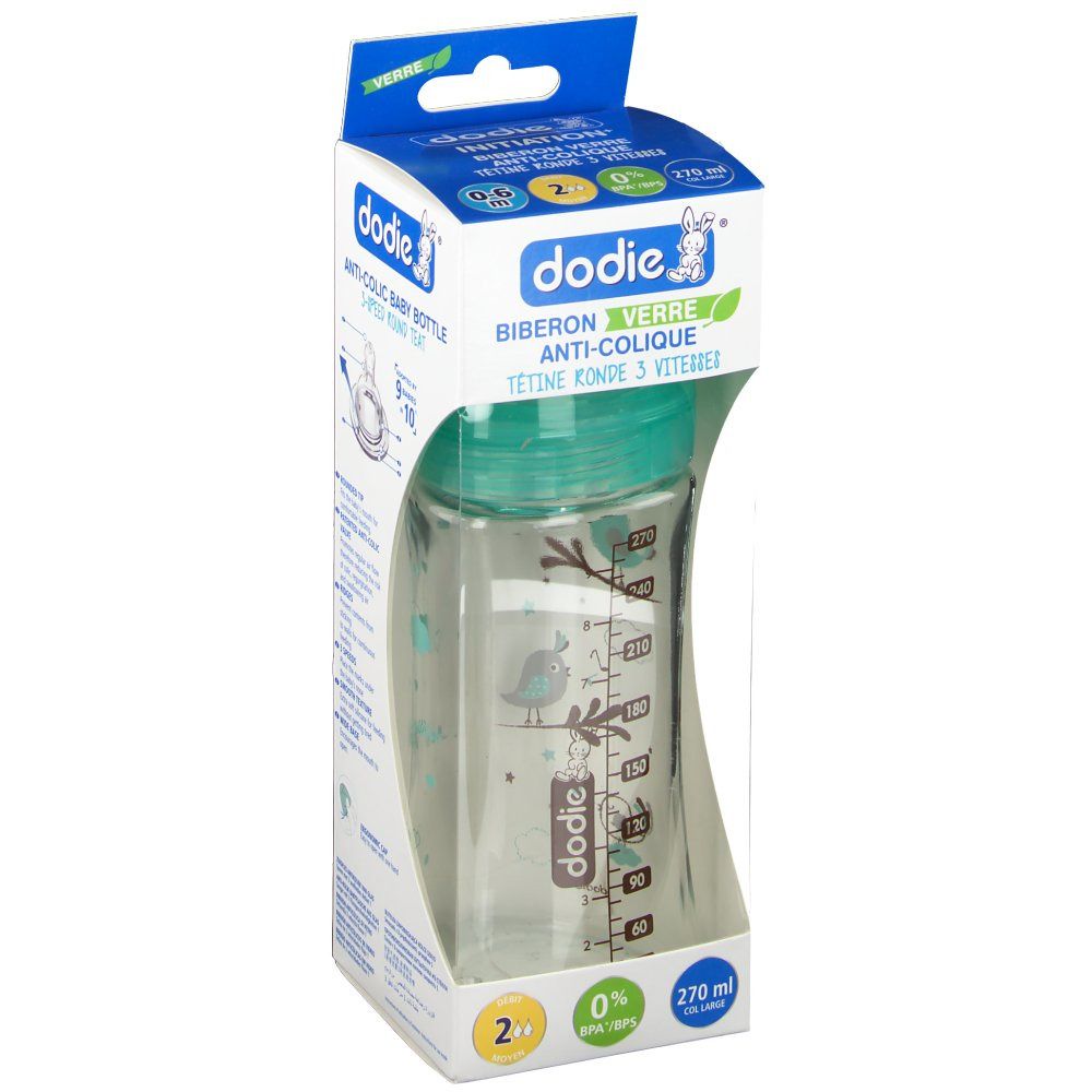 dodie® Biberon verre anti-colique tétine ronde 270 ml Oiseau