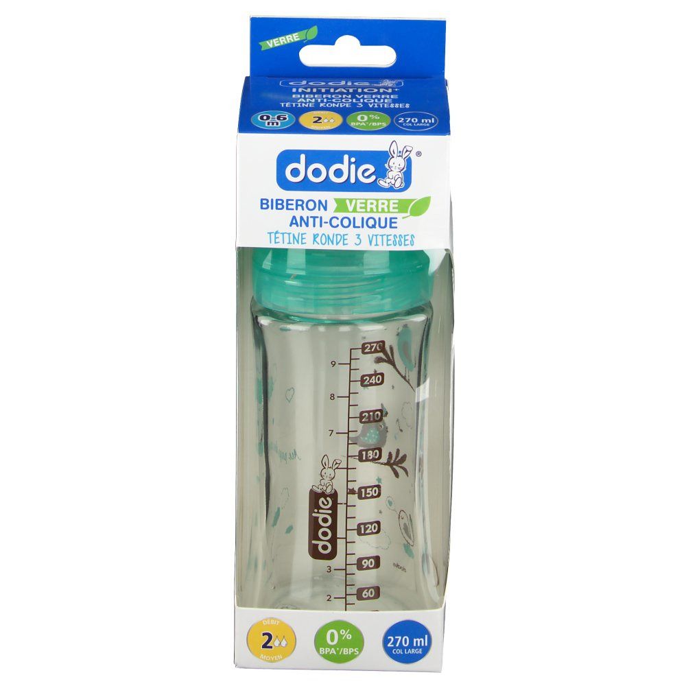 dodie® Biberon verre anti-colique tétine ronde 270 ml Oiseau