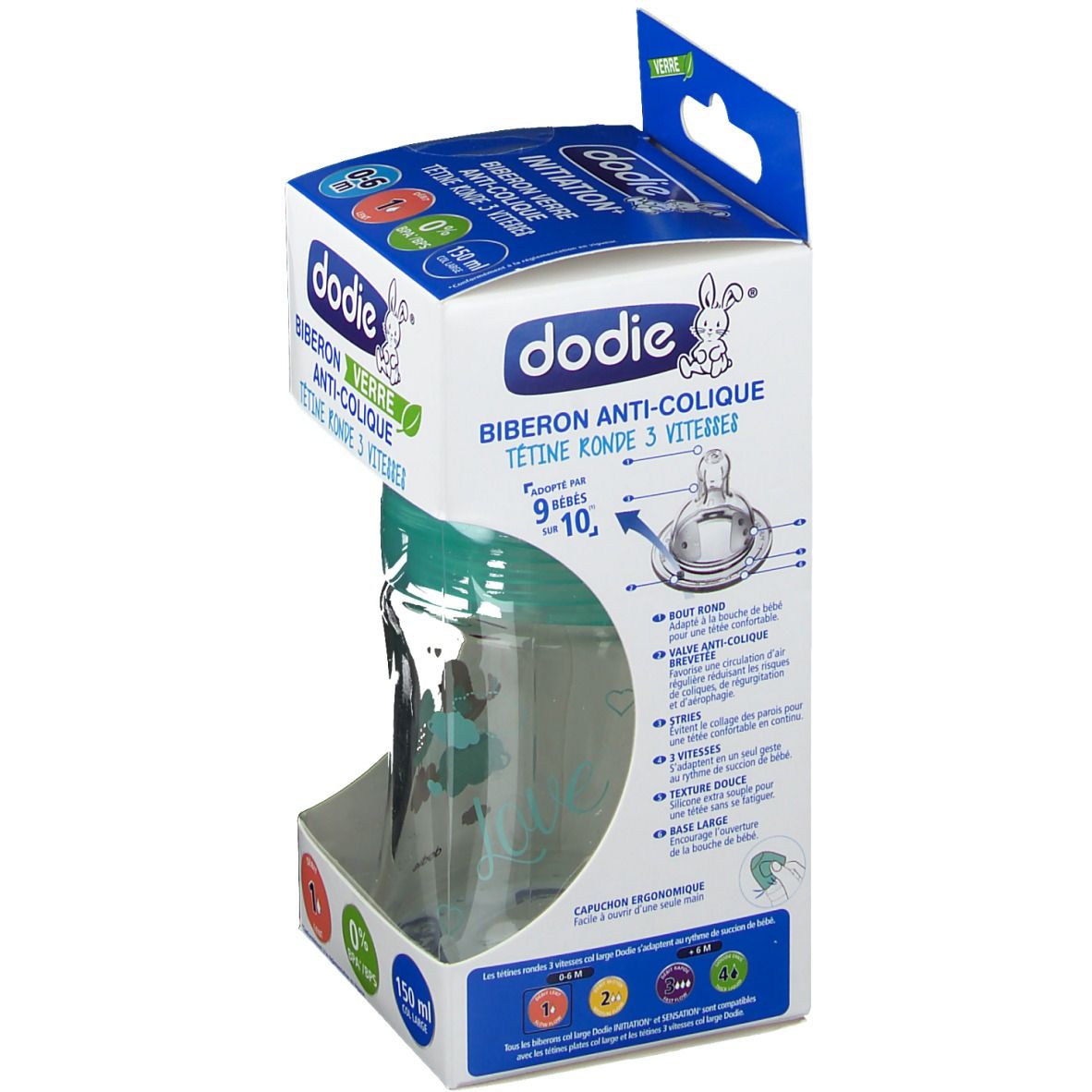 dodie® Weithals-Babyflasche aus Glas Initiation+