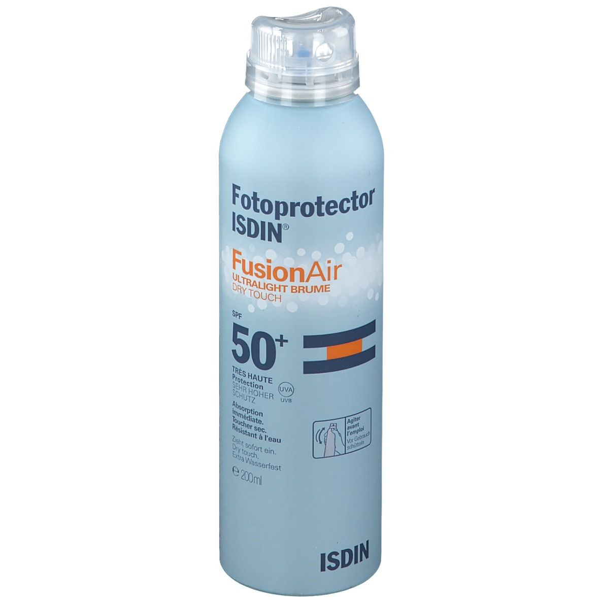 Flacon spray bleu clair avec bouchon blanc. Inscription: Fotoprotector ISDIN Fusion Air SPF50+. Bandes orange et bleues.