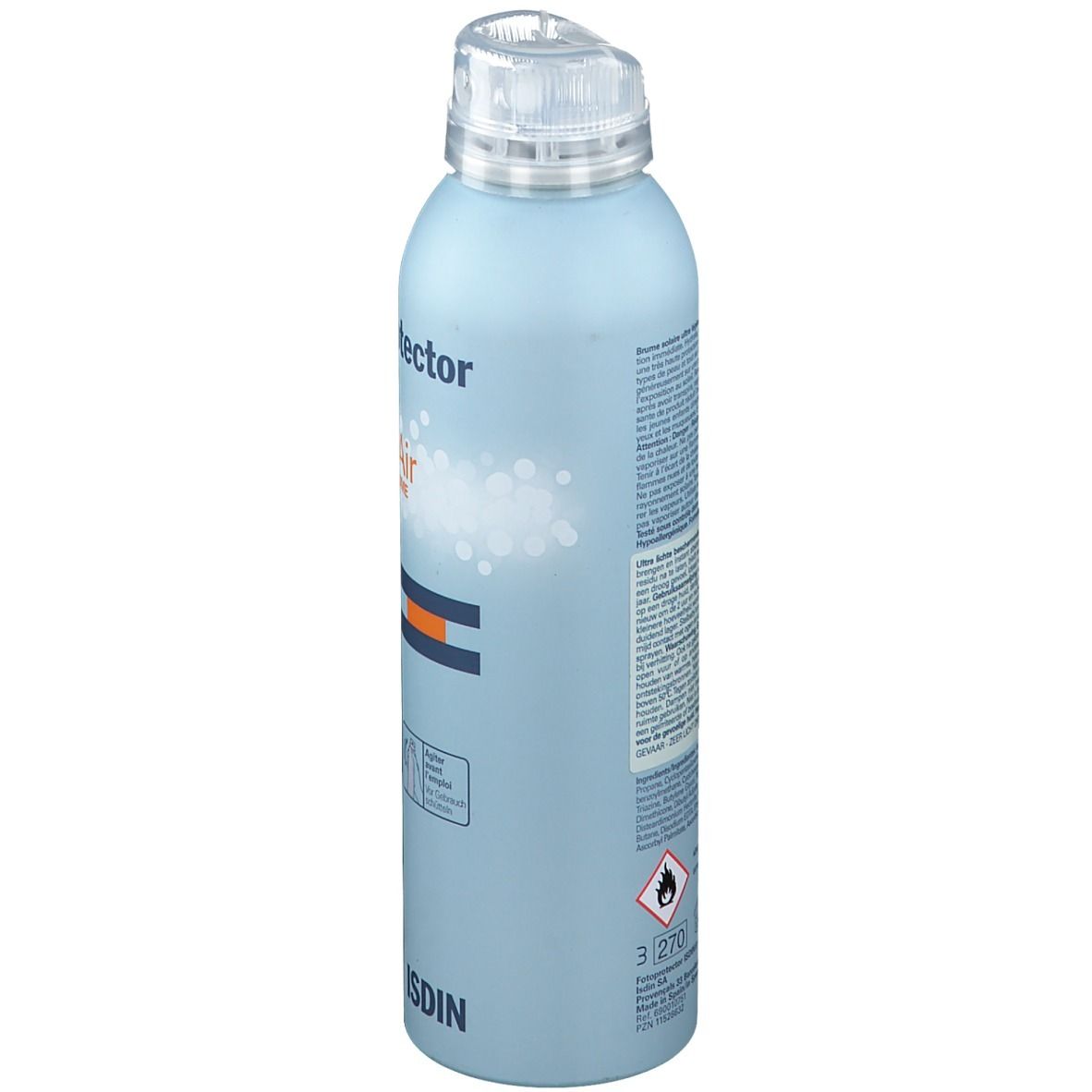 Flacon spray bleu clair avec bouchon blanc. Texte et symboles sur le côté. Logo ISDIN en bas.