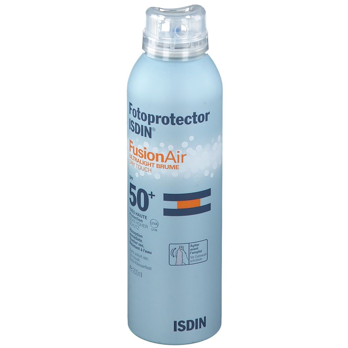 Flacon spray bleu clair avec bouchon blanc. Inscription: Fotoprotector ISDIN Fusion Air SPF50+. Bandes orange et bleues.