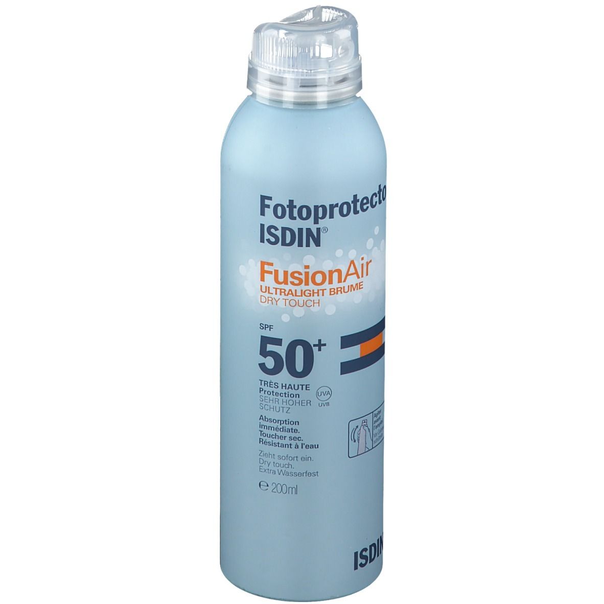 Flacon spray bleu clair avec bouchon blanc. Inscription: Fotoprotector ISDIN Fusion Air SPF50+. Bandes orange et bleues.