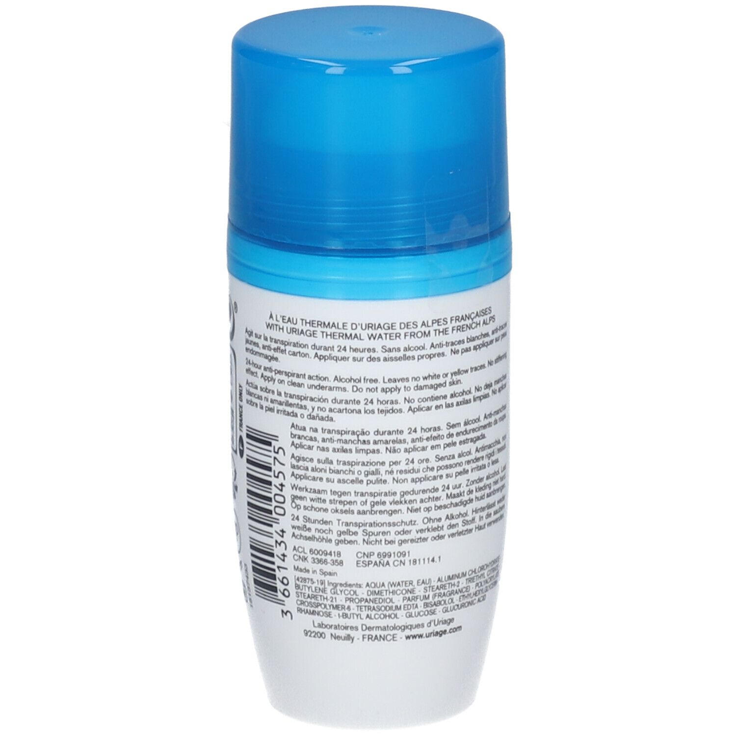 Nahaufnahme. Roll-on-Deo, Uriage, Power3. Text: Anti-Enzym-Komplex, Bisabolol, Uriage Thermalwasser.