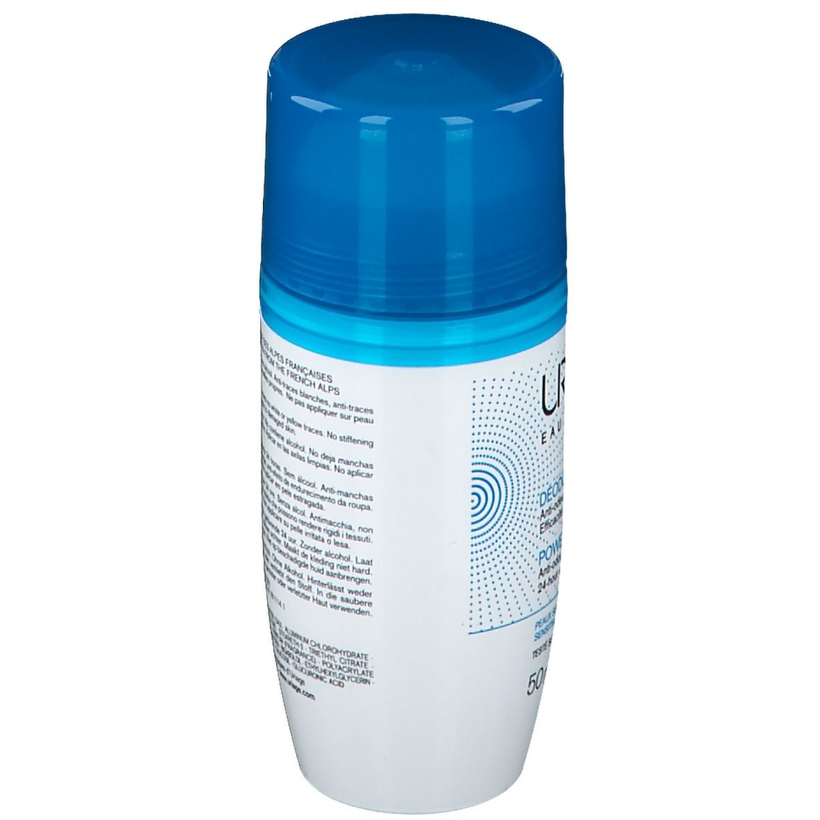 Nahaufnahme eines Arms. Roll-on-Deo, Uriage, Power3. Text: Ohne Alkohol, keine weißen Spuren.