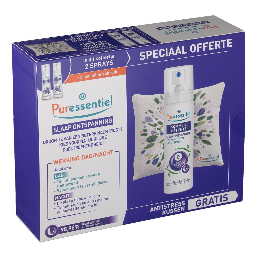 Geschenkbox mit Puressentiel Schlafspray, Kissen und zwei Sprays. Aufschrift: Slaap Ontspanning. Gratis Anti-Stress Kussen.