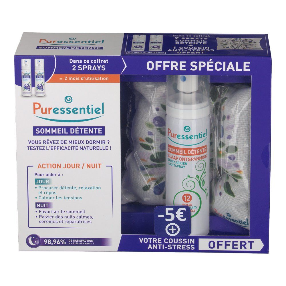 Geschenkbox mit Puressentiel Schlafspray, Kissen und zwei Sprays. Aufschrift: Sommeil Détente. Angebot: -5€.