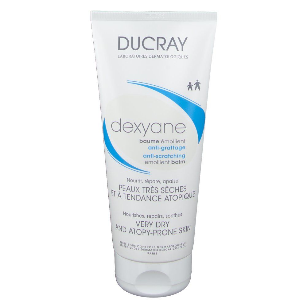 Weiße Tube mit blauer Grafik und Text. "DUCRAY Dexyane" und Produktinformationen. Enthält eine Kappe.