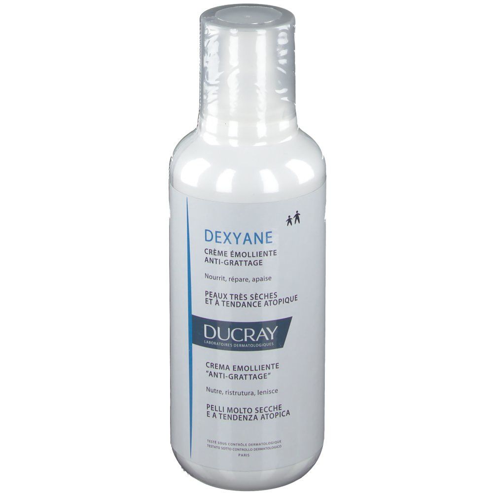 Weiße Flasche mit DUCRAY DEXYANE Creme. Text: Crème émolliente anti-grattage. Für sehr trockene Haut.