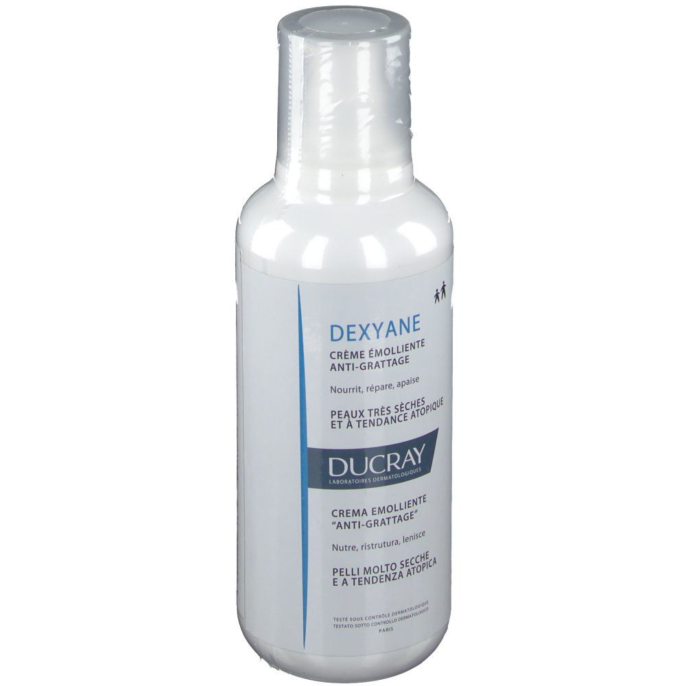 Weiße Flasche mit DUCRAY DEXYANE Creme. Text: Crème émolliente anti-grattage. Für sehr trockene Haut.