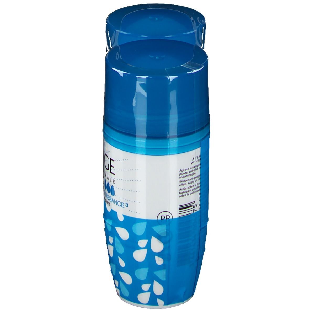 Blauer Deoroller, Ansicht von oben. Aufschrift: Uriage, Deodorant Puissance 3. Verpackt in Folie.