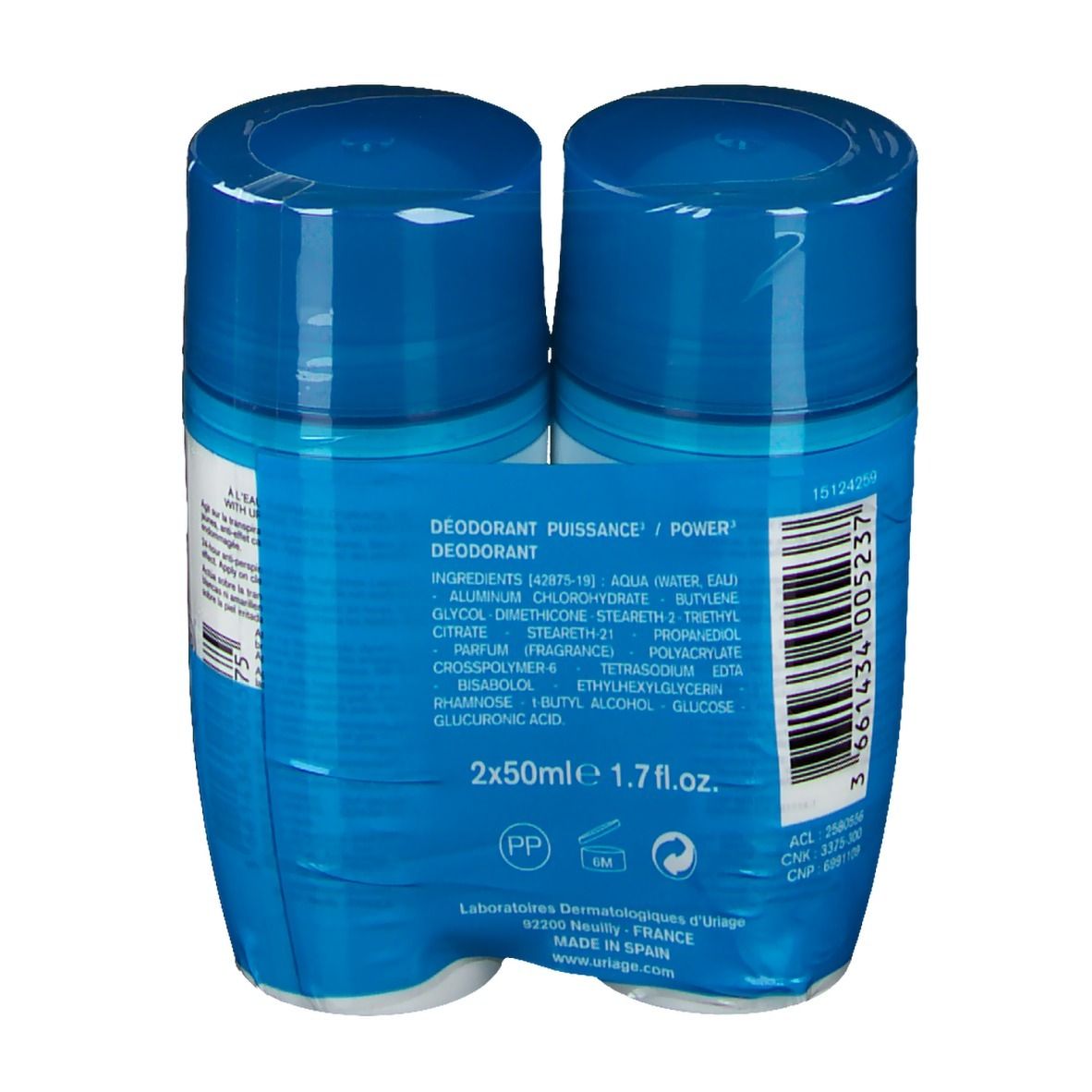 Rückseite einer Doppelpackung Deoroller. Aufschrift: Deodorant Puissance, Inhaltsstoffe, 2x50ml, 1.7 fl.oz.