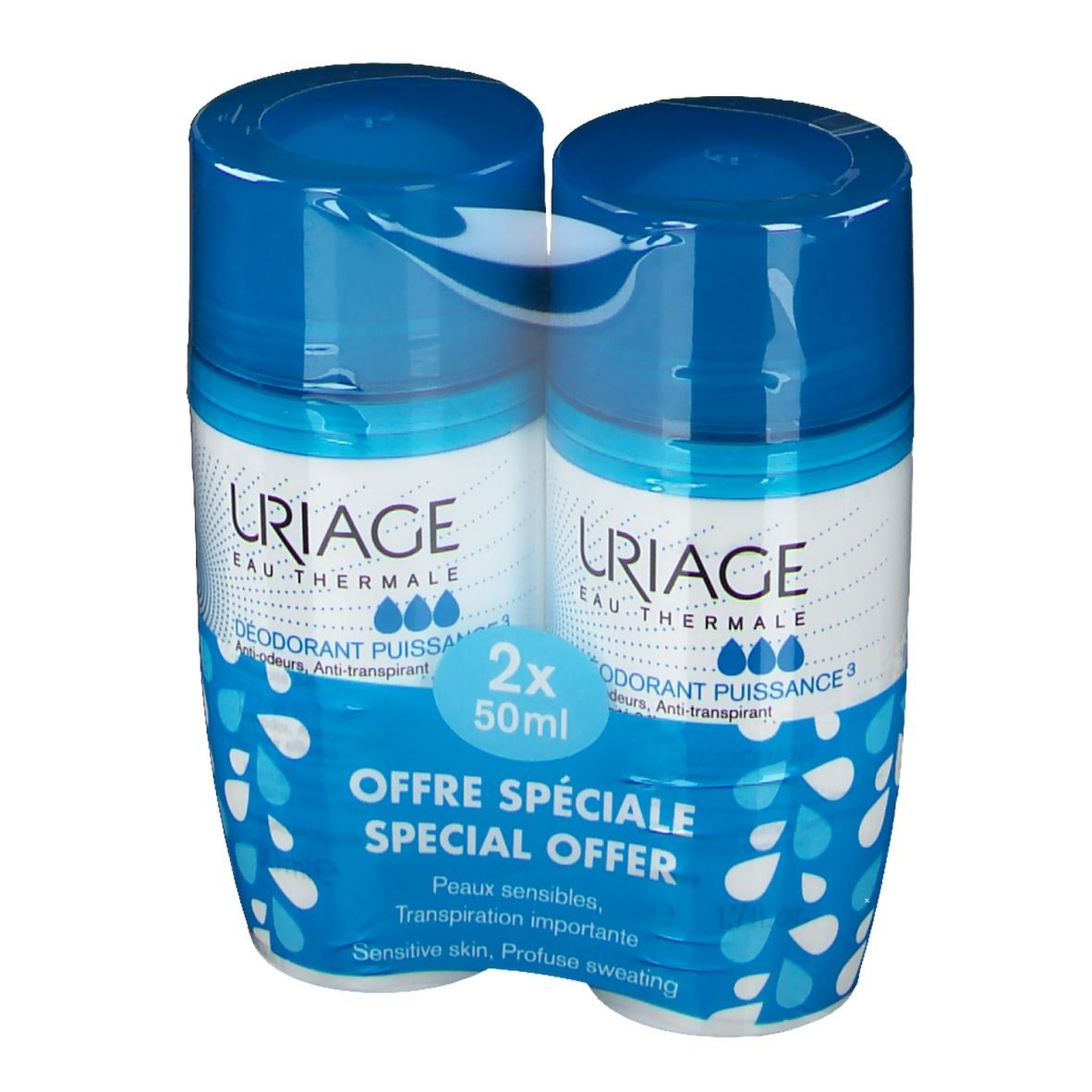 Zwei blaue Deoroller in einer Packung. Aufschrift: Uriage, Deodorant Puissance, 2x50ml. Sonderangebot.