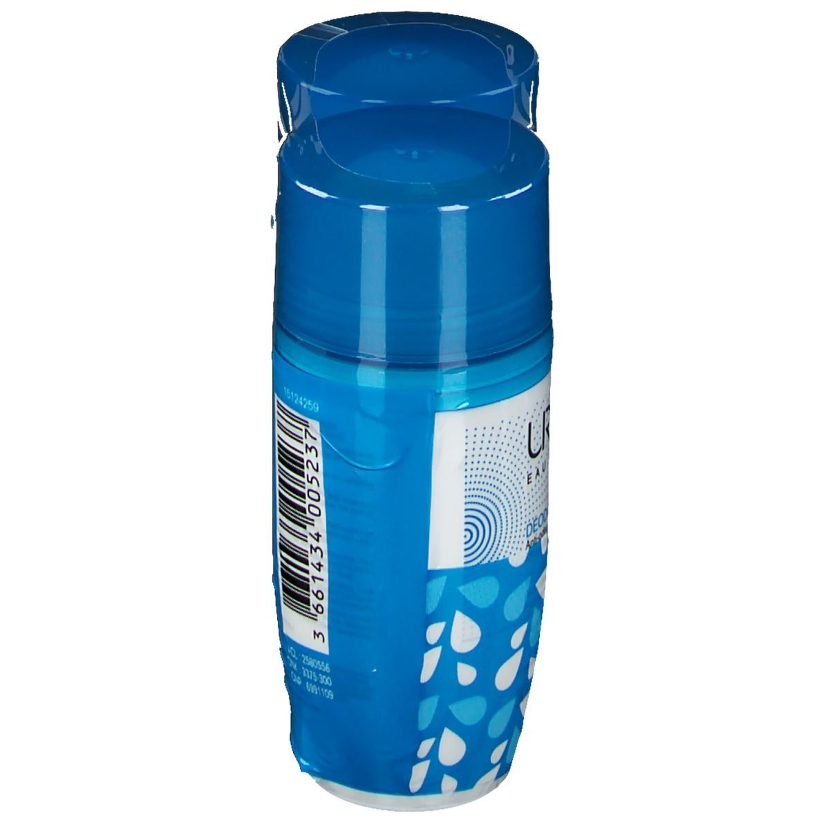 Blauer Deoroller, Ansicht von oben. Aufschrift: Uriage, Deodorant Puissance 3. Verpackt in Folie.