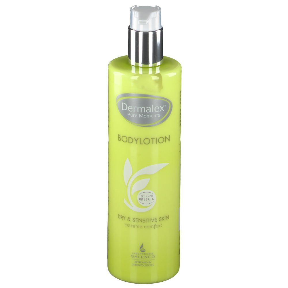 Grüne Flasche mit silbernem Pumpkopf. Aufschrift: Dermalex Bodylotion. Für trockene und empfindliche Haut.