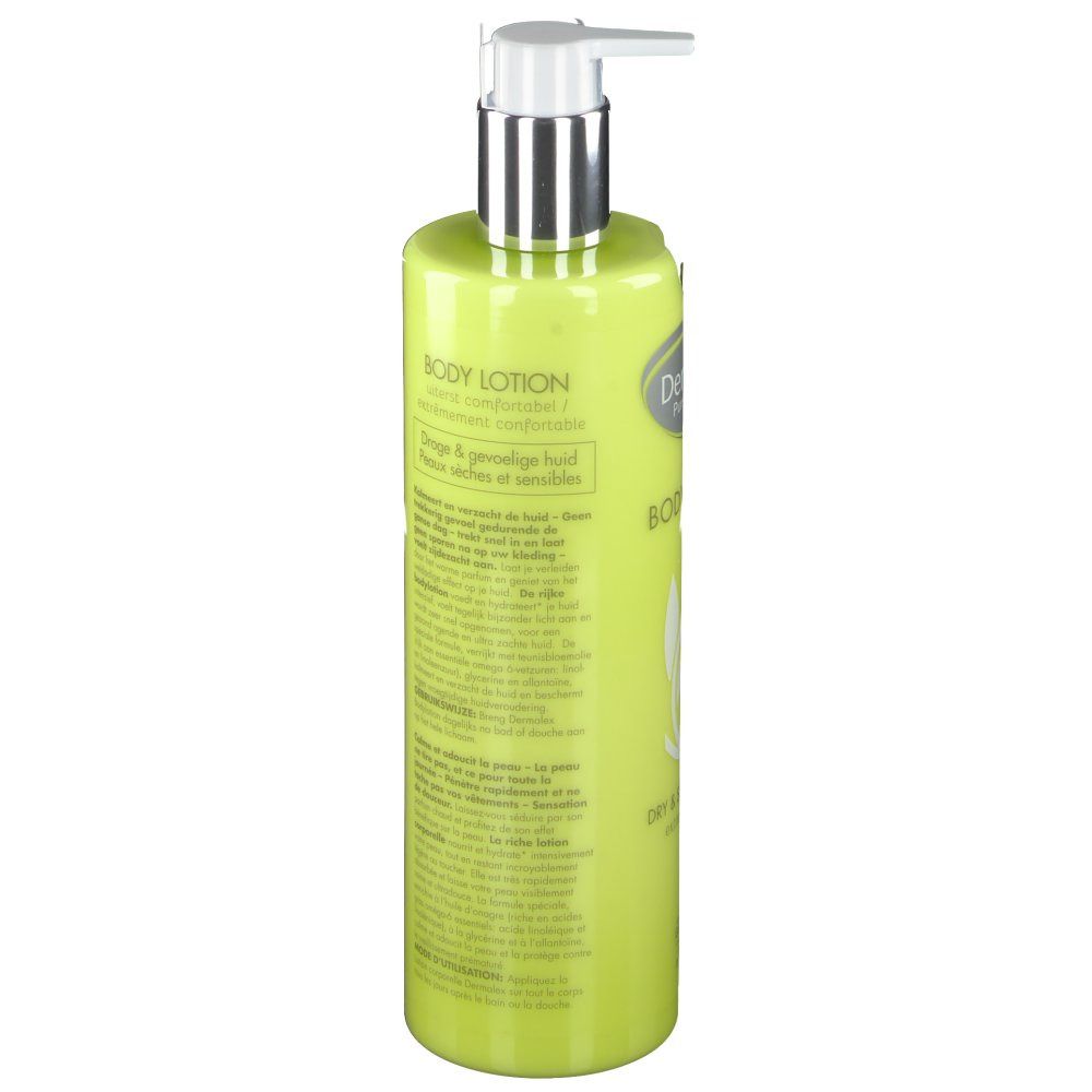 Grüne Flasche mit silbernem Pumpkopf. Text in mehreren Sprachen. Inhaltsstoffe und Informationen.