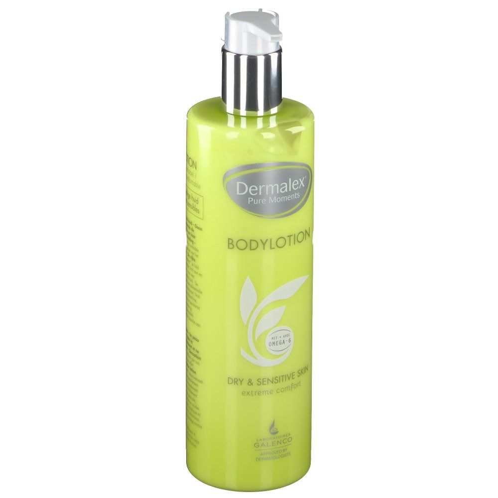 Grüne Flasche mit silbernem Pumpkopf. Aufschrift: Dermalex Bodylotion. Für trockene und empfindliche Haut.