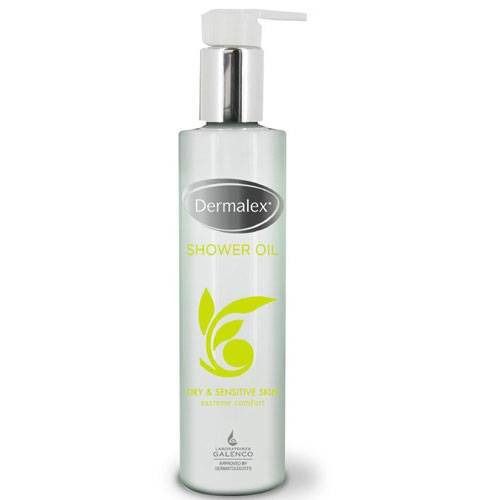 Flacon de Dermalex Shower Oil avec pompe. Pour peaux sèches et sensibles. Logo vert et logo Galenco. Flacon blanc.
