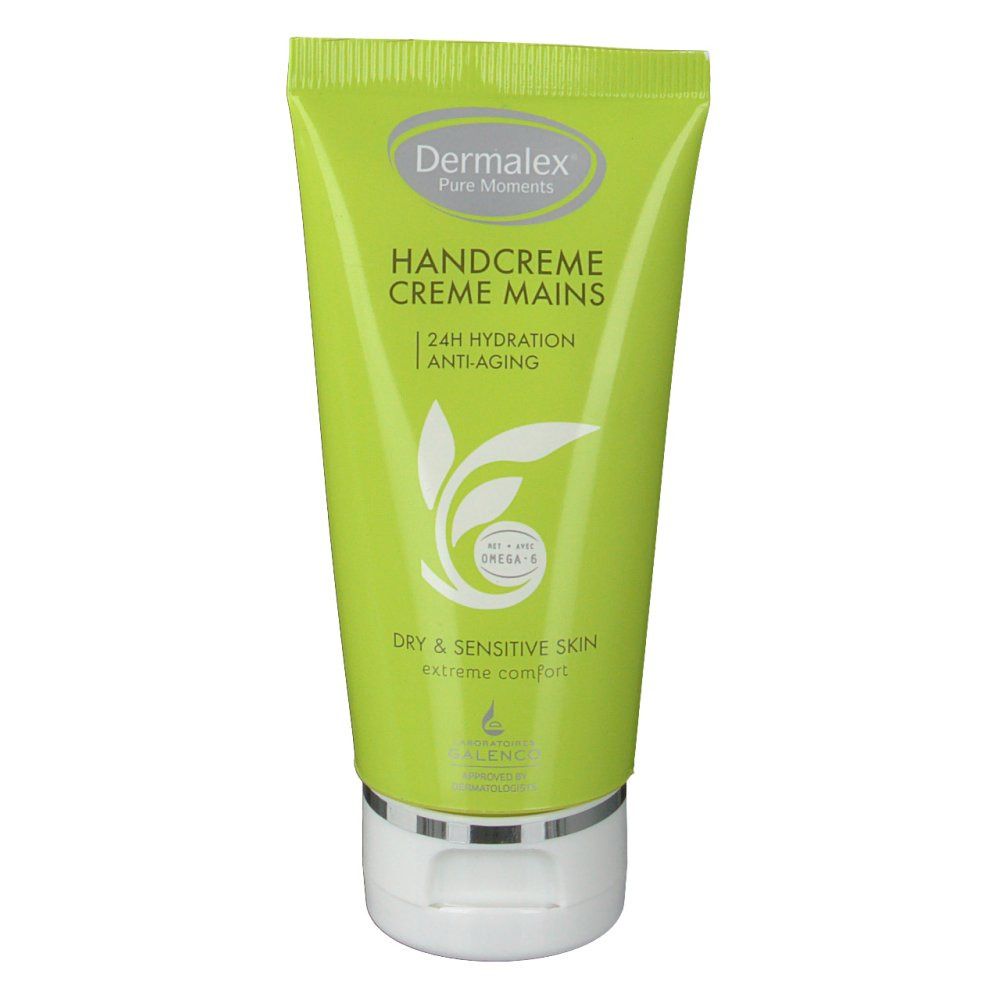 Tube de crème pour les mains verte. Inscription: Dermalex Pure Moments, Handcreme, 24h Hydratation, Anti-âge. Pour peaux sèches et sensibles.