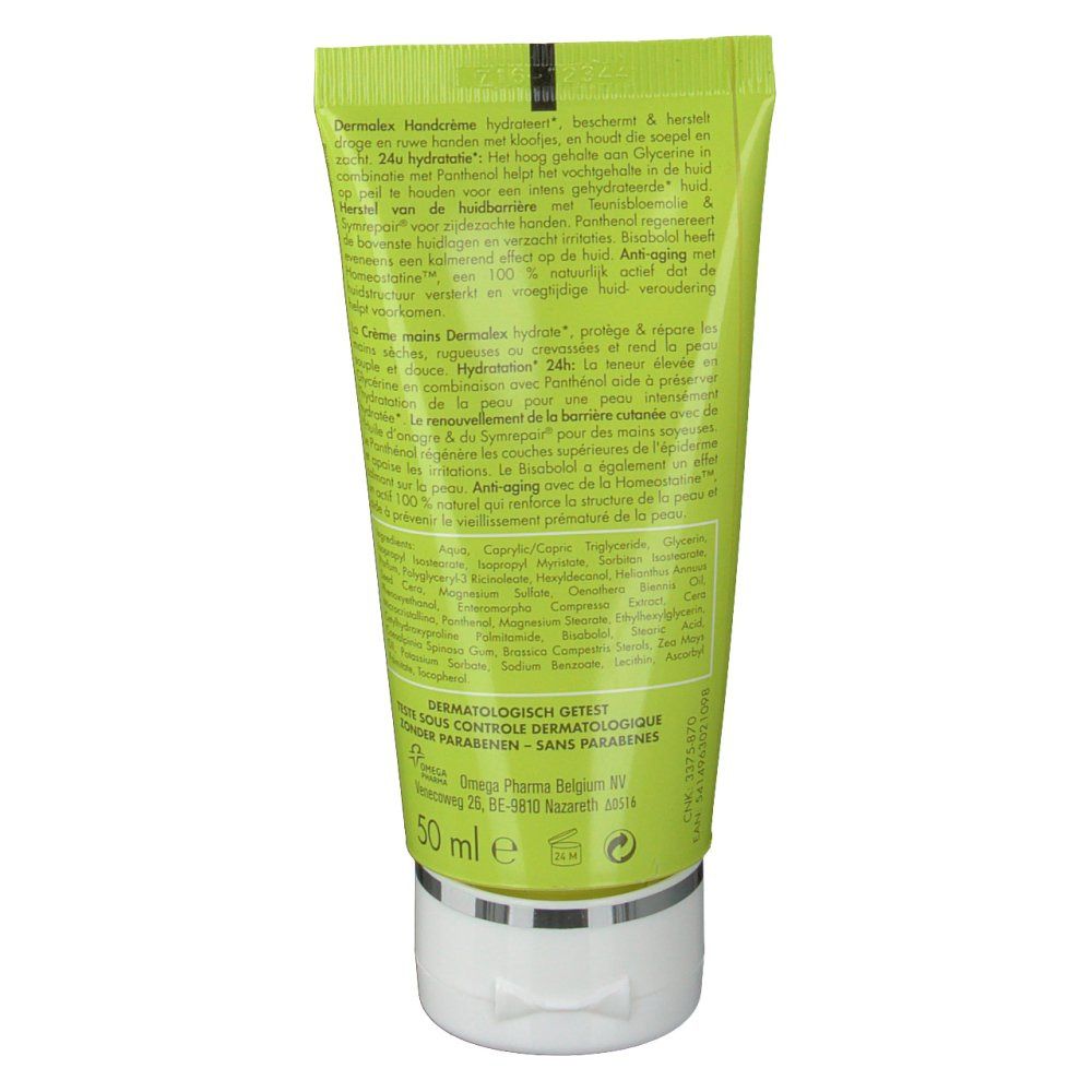 Dos du tube de crème pour les mains vert. Texte en plusieurs langues, ingrédients et indication de 50 ml.