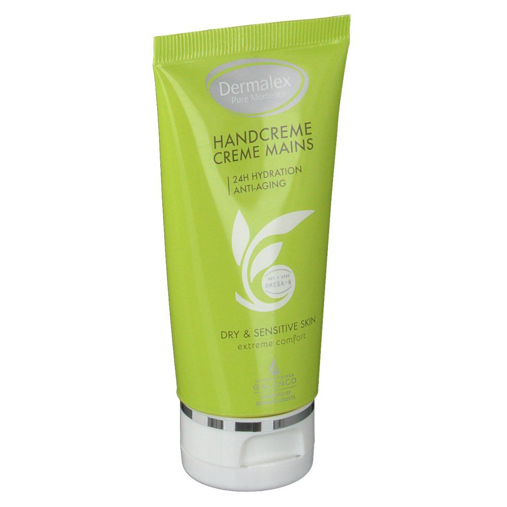 Tube de crème pour les mains verte. Inscription: Dermalex Pure Moments, Handcreme, 24h Hydratation, Anti-âge. Pour peaux sèches et sensibles.