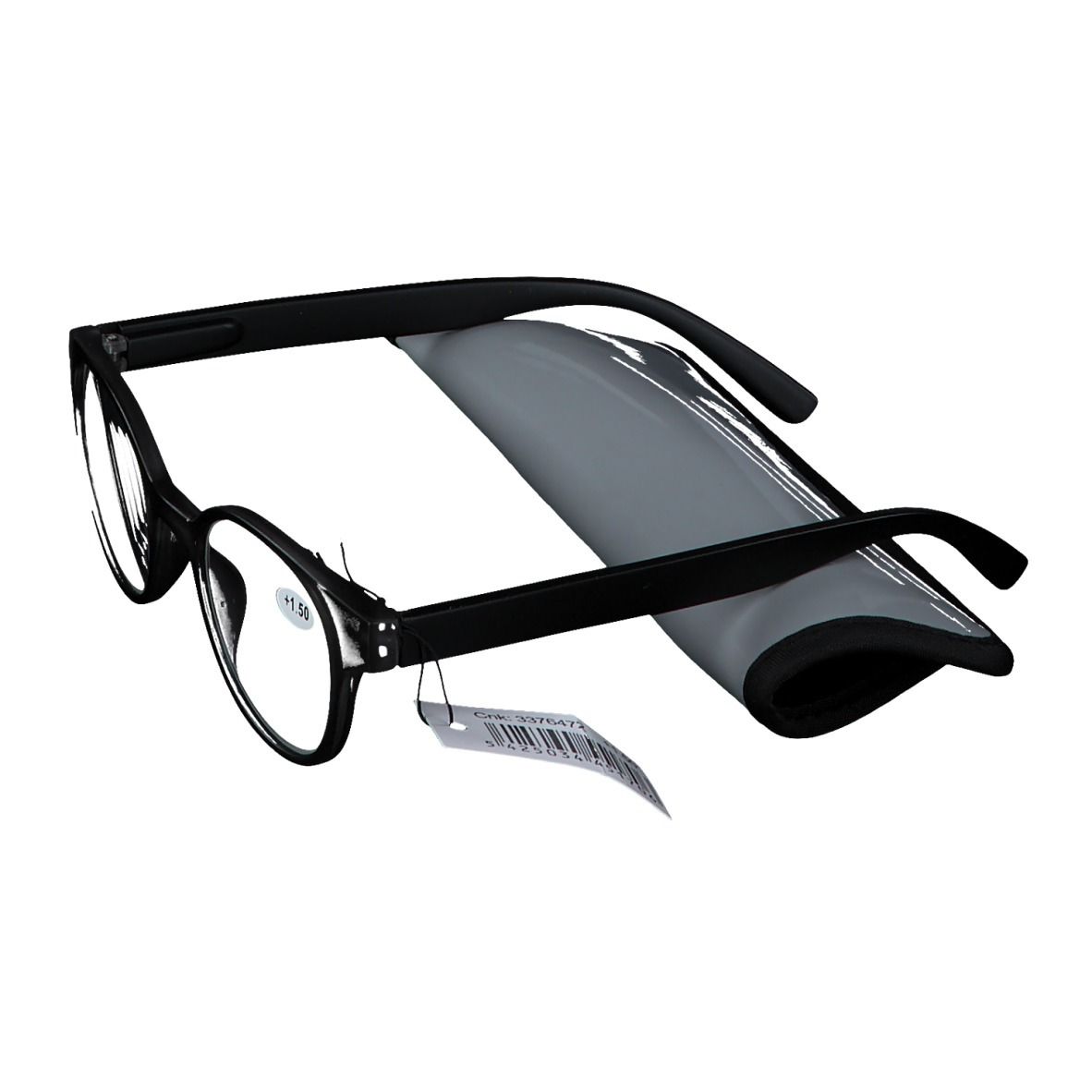 Schwarze Brille mit Etui. Gläser mit +1.50 Dioptrien. Graues Etui. Preisschild mit Barcode.