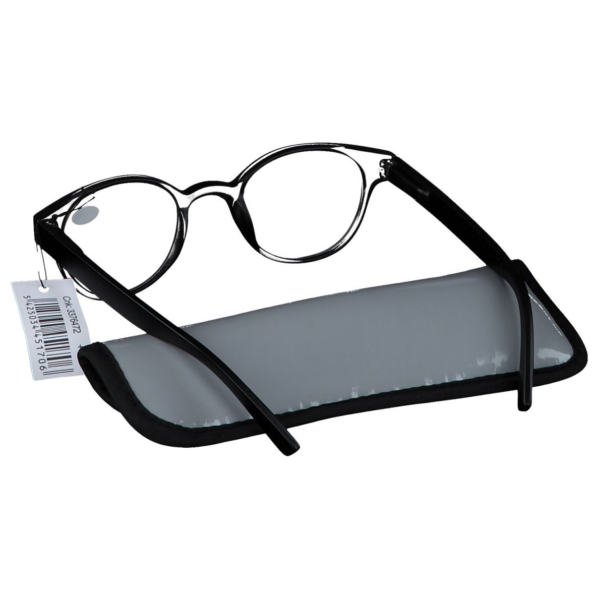 Brille mit schwarzem Rahmen und Etui. Gläser mit +1.50 Dioptrien. Graues Etui. Preisschild.