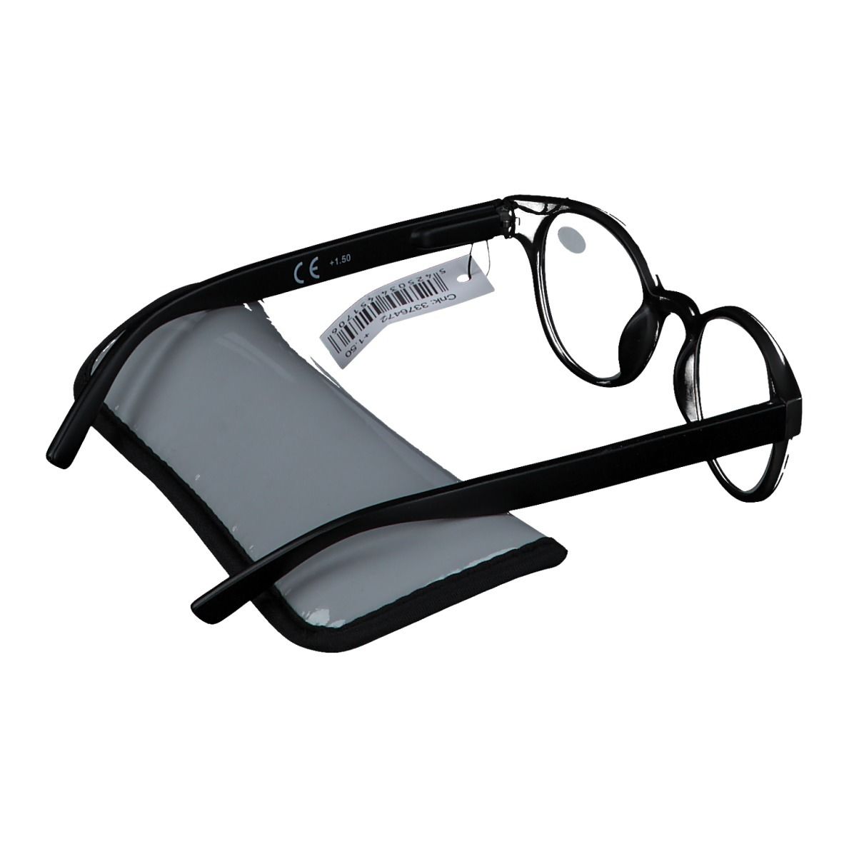 Schwarze Brille mit Etui. Gläser mit +1.50 Dioptrien. Graues Etui. CE-Kennzeichnung. Preisschild.