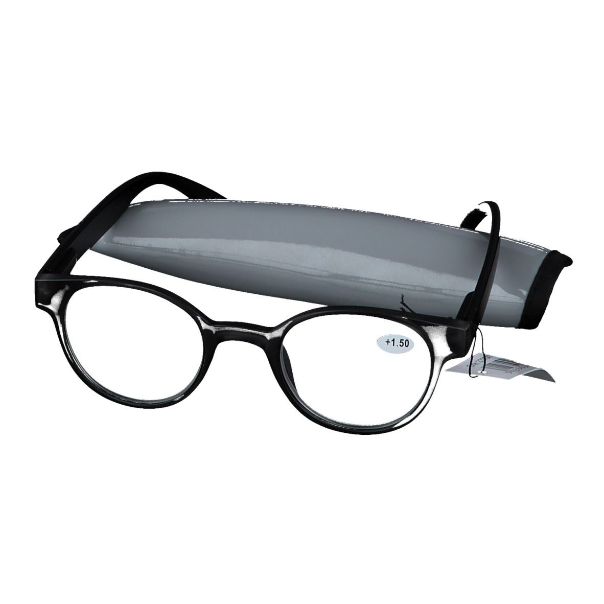 Brille mit schwarzem Rahmen und Etui. Gläser mit +1.50 Dioptrien. Graues Etui. Preisschild.