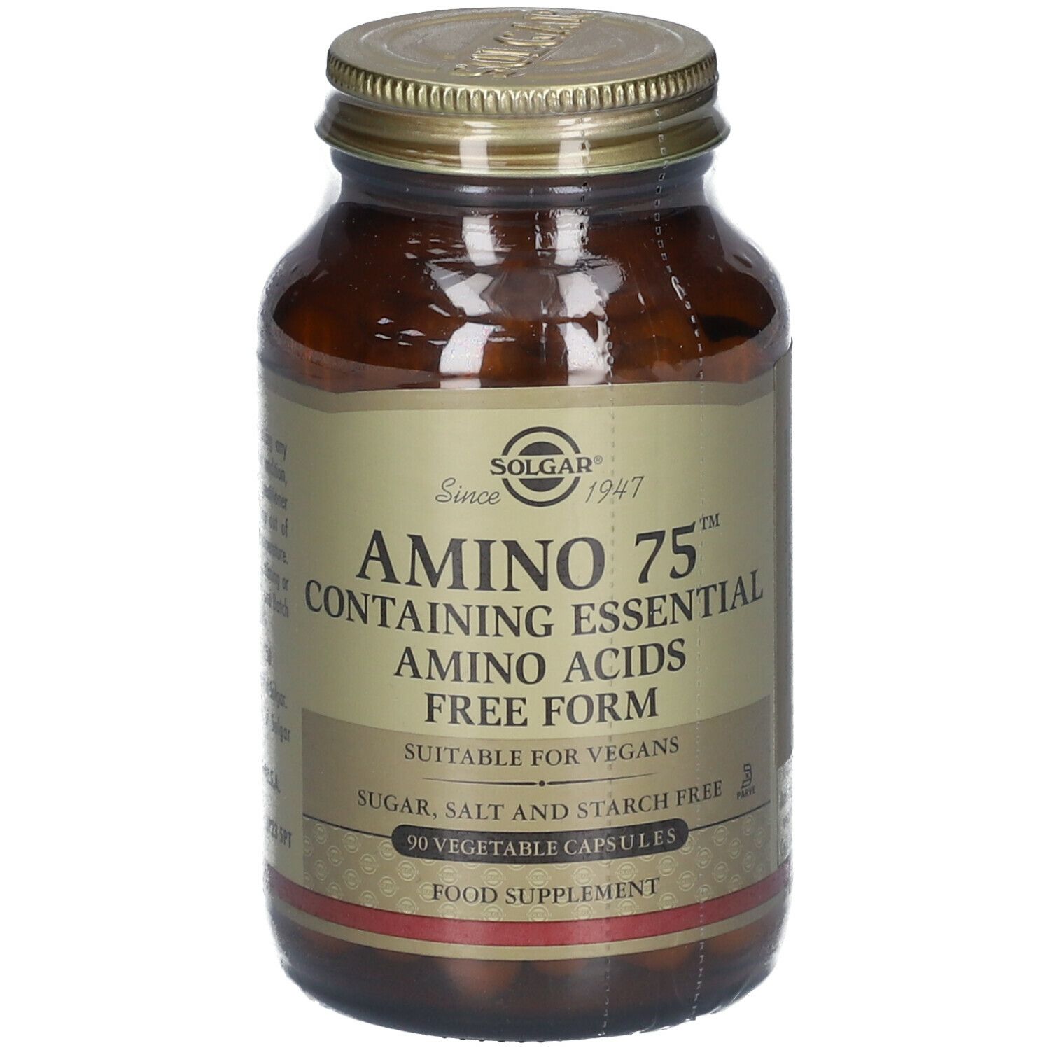 Flacon en verre brun avec couvercle doré. Étiquette "Solgar Amino 75". Contient 90 gélules. Convient aux végétaliens.