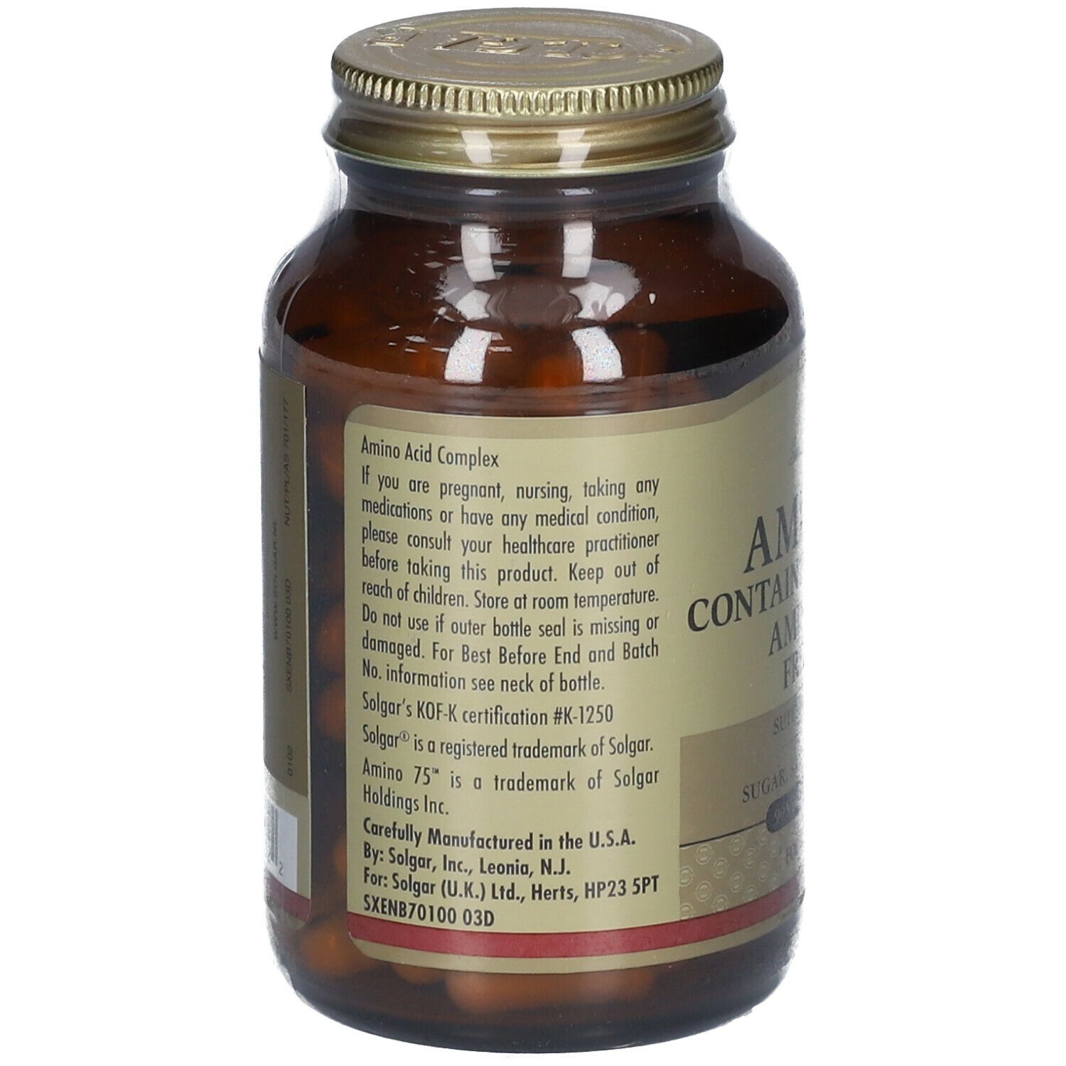 Dos d'un flacon en verre brun. Étiquette avec informations sur "Amino Acid Complex", fabricant et certification.