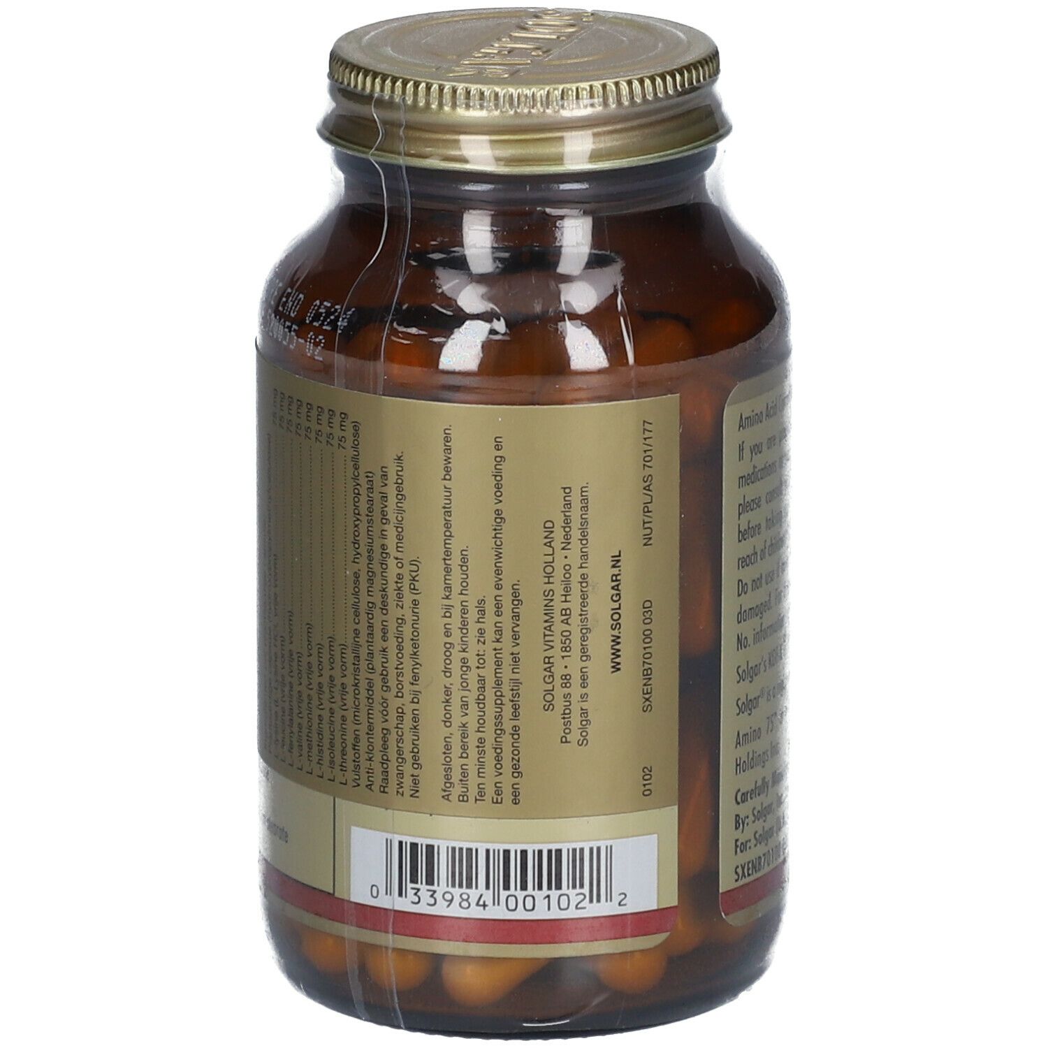 Vue arrière d'un flacon en verre brun. Étiquette avec informations, dont "Solgar Vitaminen Holland".