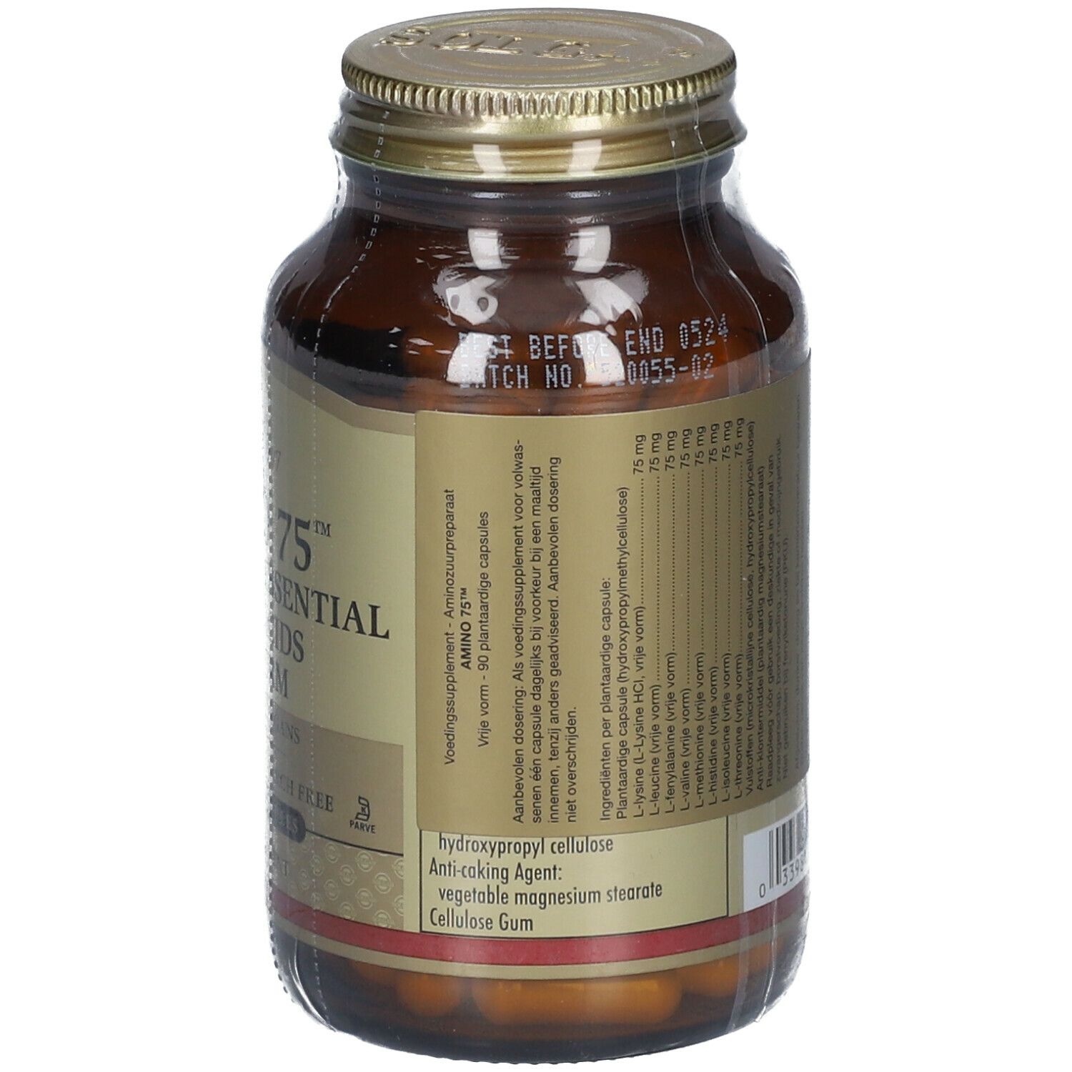 Dos d'un flacon en verre brun. Étiquette avec ingrédients, dont hydroxypropylméthylcellulose et stéarate de magnésium.