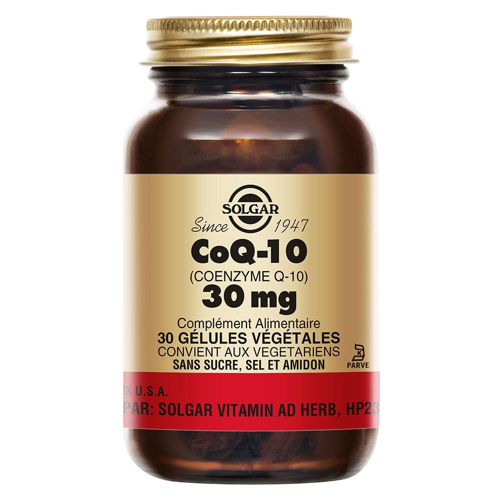 Flacon en verre brun avec bouchon doré. Étiquette "CoQ-10 30 MG" et "30 Vegetable Capsules".