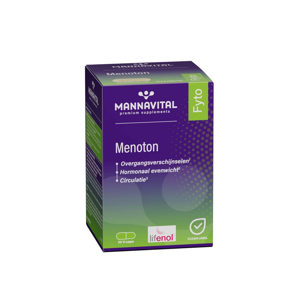 Mannavital Menoton. Boîte de gélules. Inscription : Menoton, symptômes de la ménopause, équilibre hormonal, circulation.