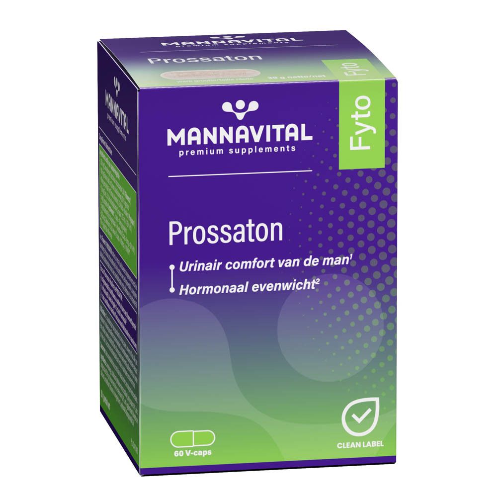 Boîte de Mannavital Prossaton. Couleurs violettes et vertes. Contient 60 V-capsules. Logo et nom du produit visibles.