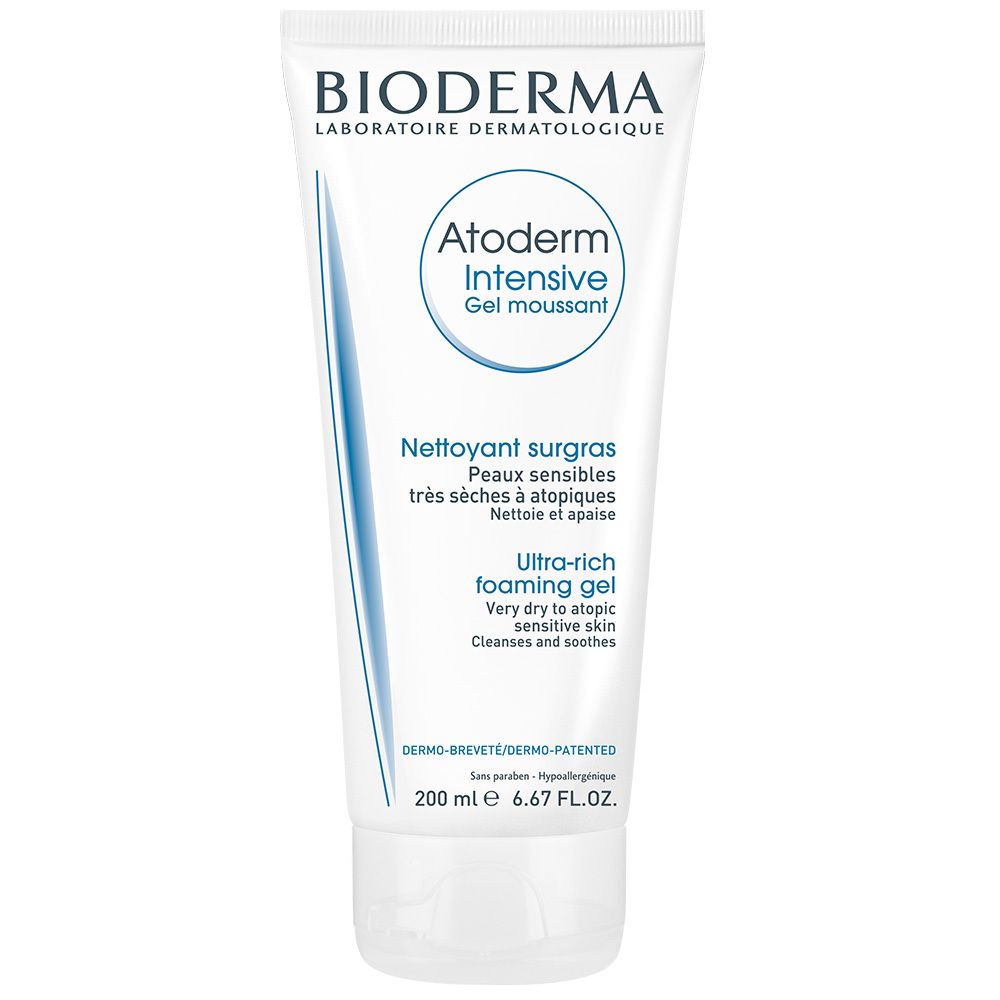 Weiße Tube mit BIODERMA Atoderm Intensive. Text: Ultra-rich foaming gel, für sehr trockene, zu Atopie neigende Haut. 200 ml.