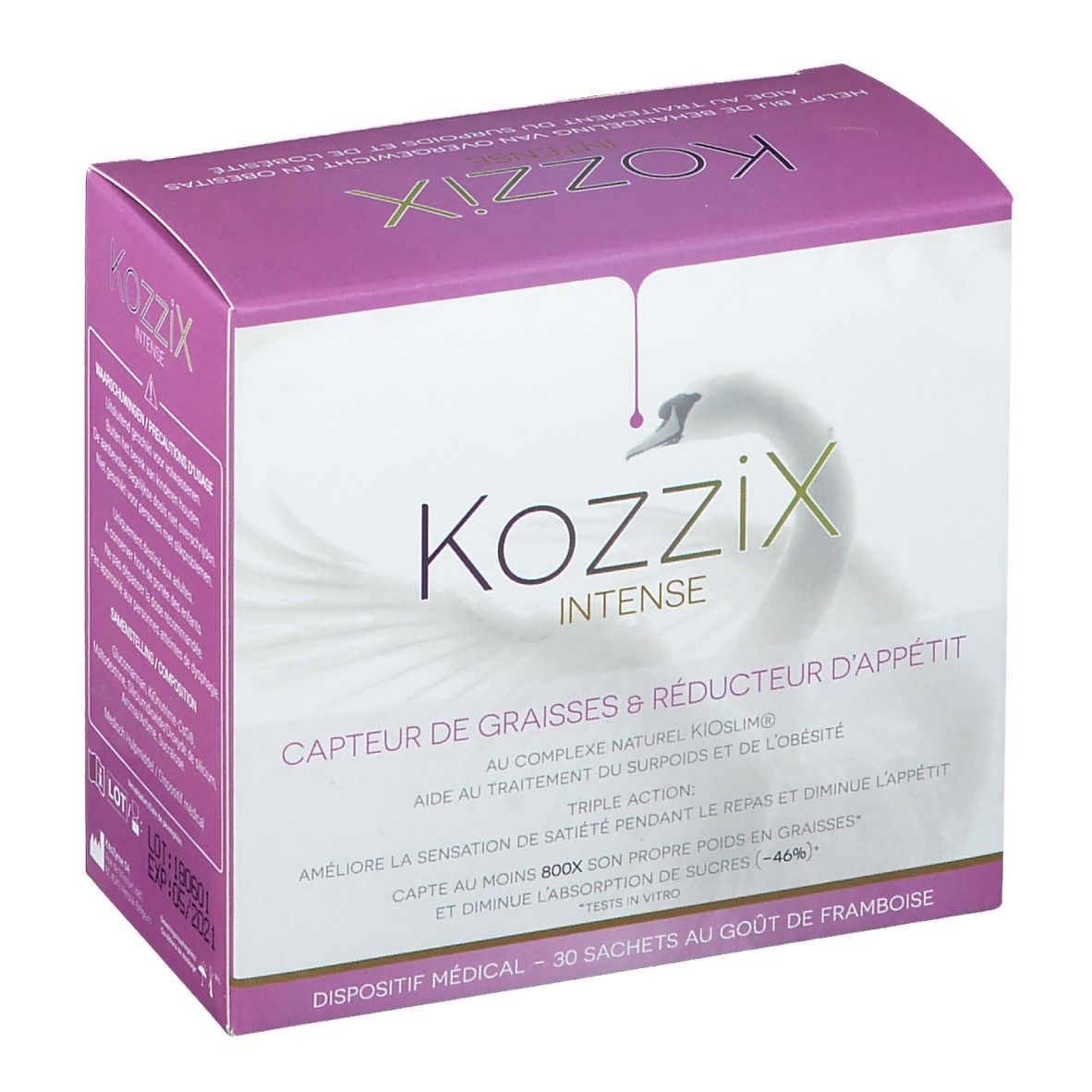 Kartonverpackung von Kozzix Intense. Rosa-weiße Box mit Produktnamen und Schwan-Logo. Text in Französisch.