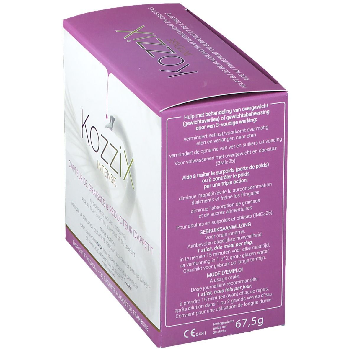 Kartonverpackung von Kozzix Intense. Rosa-weiße Box mit Text in Niederländisch.  'Hulp met behandeling van overgewicht'.