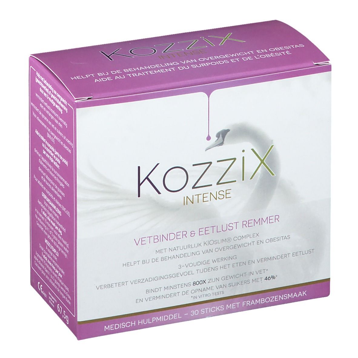 Kartonverpackung von Kozzix Intense. Rosa-weiße Box mit Text in Niederländisch. 'Vetbinder & eetlust remmer'. 30 Sticks.