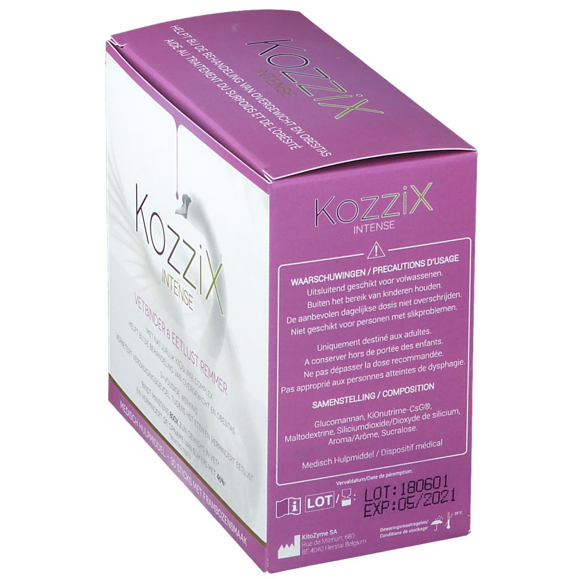 Kartonverpackung von Kozzix Intense. Rosa-weiße Box mit Text in Niederländisch.  'Waarschuwingen/precautions d'usage'.