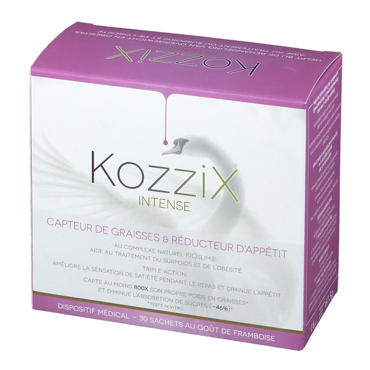 Kartonverpackung von Kozzix Intense. Rosa-weiße Box mit Produktnamen und Schwan-Logo. Text in Französisch.