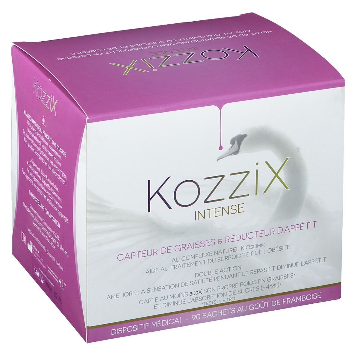 Kartonverpackung von Kozzix Intense. Rosa-weißes Design mit Produktnamen und Schwan-Logo. Enthält 90 Beutel.